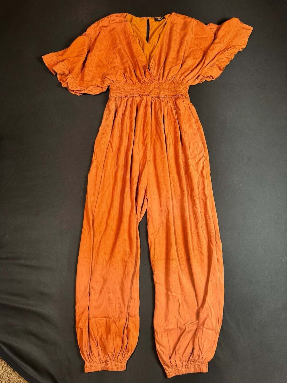 Storia Orange V-Neck Smocked Waist Blouson Sleeve Jumpsuit